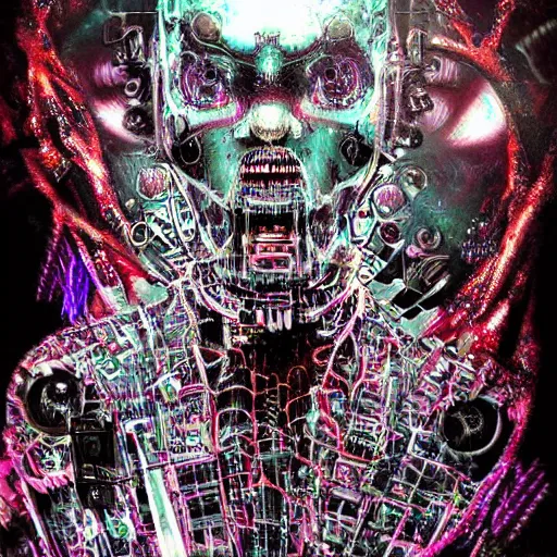 Prompt: cybernetic computerized digitized fractalizing infinity exiled existence persistent perpetual second of robot agony wiry machines of constant pain and suffering anguish unequivocally horrid grandiose delusions of hatred and visceral intense vibrant psychedelic horrifying death reality perception by godmachine dzo olivier scott fischer yoji shinkawa apophasis