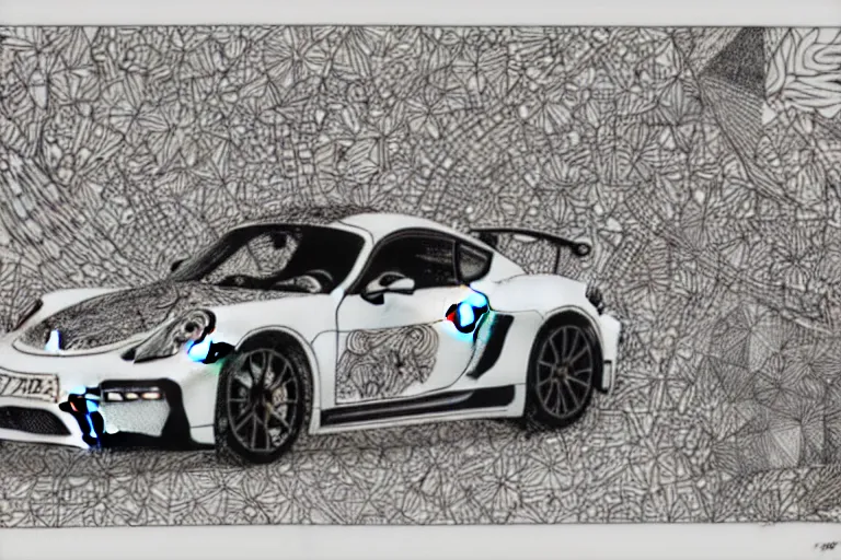 Image similar to a black and white drawing of a porsche cayman gt 4 rs, a detailed mixed media collage by hiroki tsukuda and eduardo paolozzi and moebius, intricate linework, sketchbook psychedelic doodle comic drawing, geometric, street art, polycount, deconstructivism, matte drawing, academic art, constructivism, no color