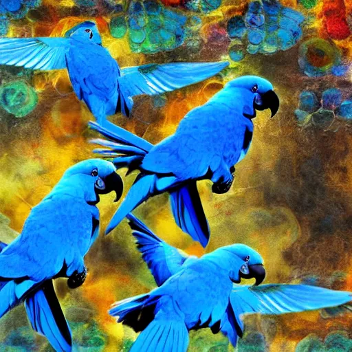 Image similar to blue parrots emerging from fluids mixing, atmospheric liquids, ornate intricate, hyper realistic, 16k, post processing, saturated blue colors, nature background