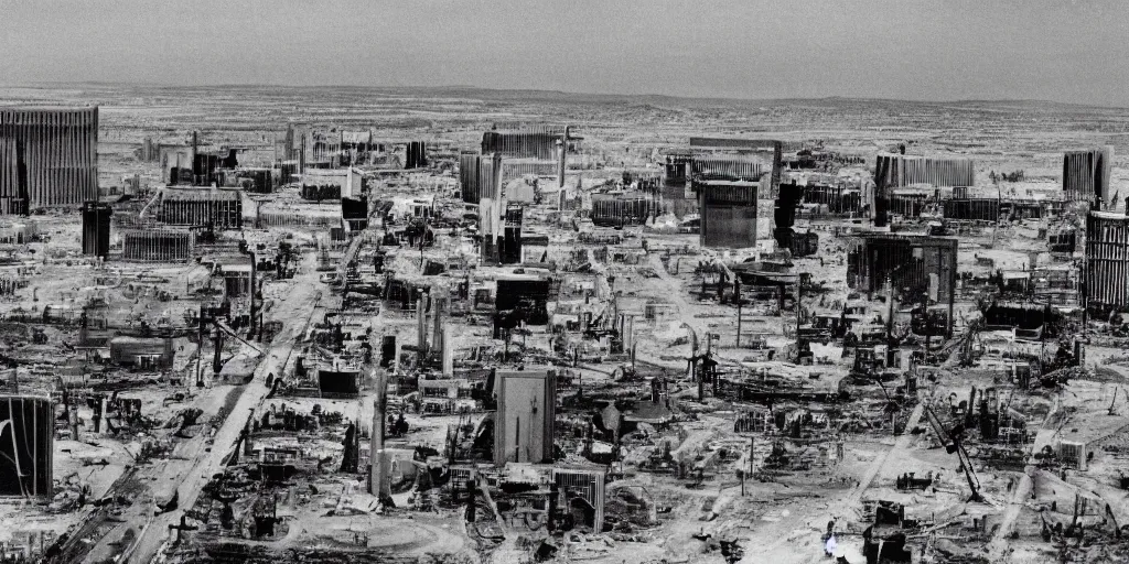 Prompt: ariel shot of irradiated post apocalyptic nuclear wasteland 1950s future destroyed las vegas strip black and white award winning photo highly detailed Arriflex 35 II, lighting by stanley kubrick