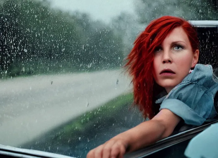 Image similar to A very high resolution image from a new movie, landscape from a car window , teen red hair woman, raining, hot, directed by wes anderson