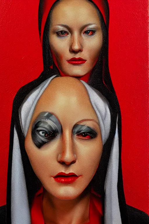Prompt: hyperrealism oil painting, close-up portrait of nun fashion model, melted cyborg, red background, in style of classicism mixed with 70s japan book art