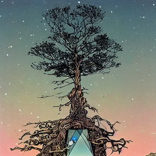 Image similar to a large tree growing from a crystal that is floating in space, by moebius