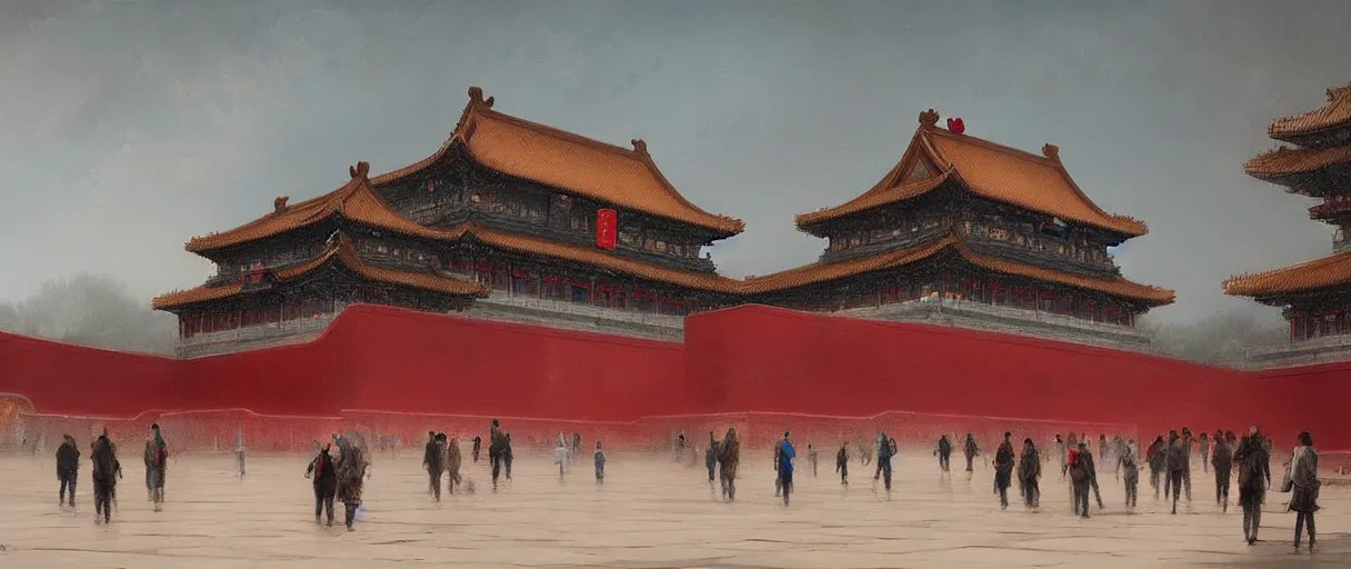 Prompt: anime forbidden city in beijing, intricate oil painting by greg rutkowski, trending on artstation