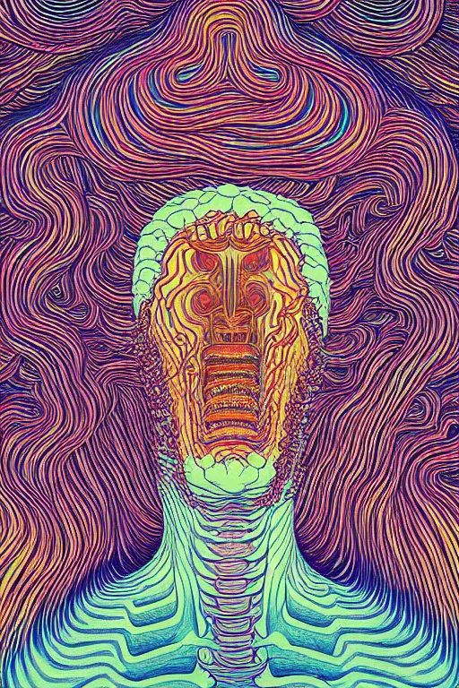 Prompt: man eats a tab of LSD acid on his tongue and dreams psychedelic hallucinations, screenprint by kawase hasui, alex grey and dan hillier, colorful flat surreal design, hd, 8k, artstation