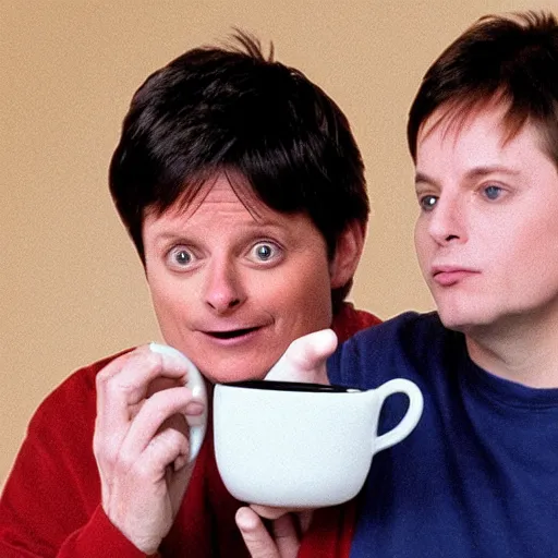 Image similar to Michael J Fox drinking holding a poop emoji mug