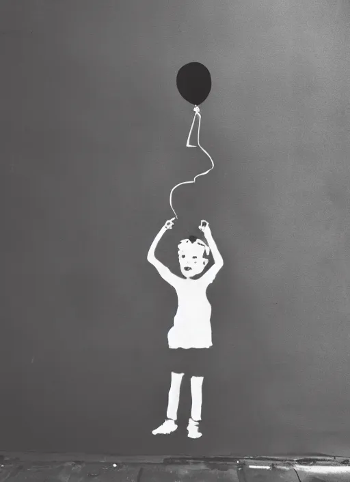 Prompt: A black and white graffiti of boy holding a single dark blue balloon on a concrete background in the style of Banksy, graffiti, digital art