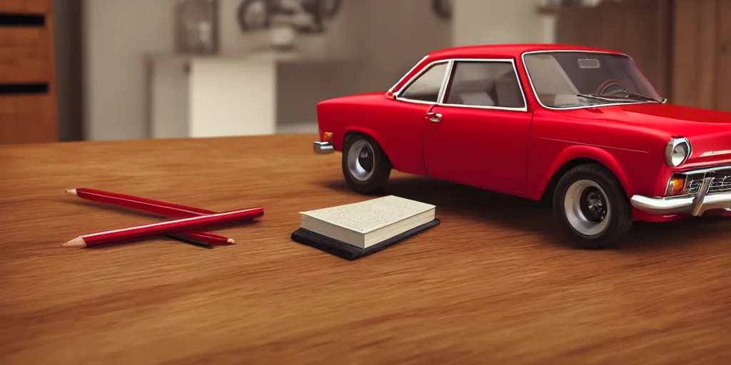 Prompt: a small miniature of a red Chevrolet Opala near a book and a pencil on a wooden table, hyperrealistic, concept art, octane render, unreal engine 5, path tracing, complementary colours, high quality, highly detailed, 4K, symmetrical, low contrast, centered, house interior background