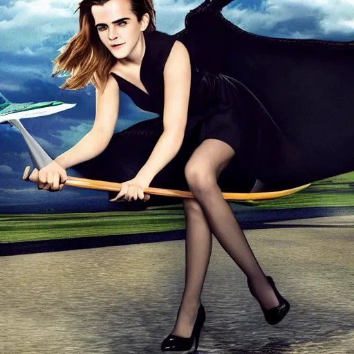 Prompt: Emma Watson sitting on a broomstick flying in the clouds next to an airliner, full body shot