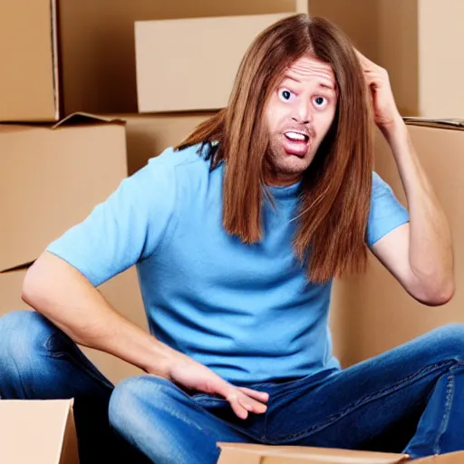 Image similar to moving day disaster. photo of man with long light brown hair throwing up all over himself