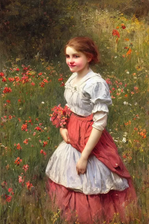 Image similar to Solomon Joseph Solomon and Richard Schmid and Jeremy Lipking victorian genre painting portrait painting of a happy young village girl in an open field of flowers, red background