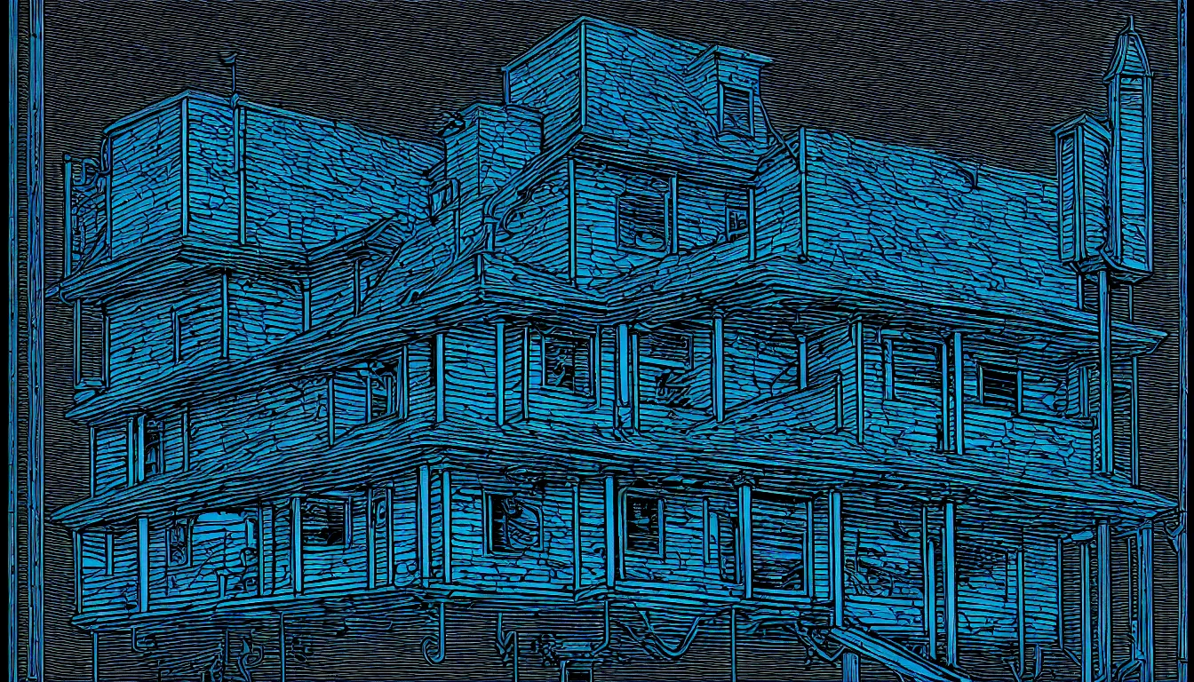 Image similar to blue lit raven lair by dan mumford and peter doig and edward hopper, symmetrical, minimal, black ink, thick lines highly detailed, muted colours 8 k