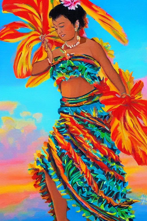 Prompt: authentic acrylic painting of hawaiian hula dancer, high detail, beautiful background, hawaiian postcard style