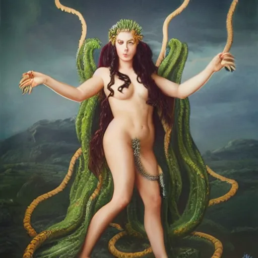 Image similar to Full body photo of the beautiful goddess Lana Rhoades as Medusa the greek goddess, she is looking straight to the camera, she has a glow coming from her, she is getting illuminated for rays of light, behind is a scary atmosphere, she is posing, the photo was taking by Annie Leibovitz, matte painting, oil painting, naturalism, 4k, 8k