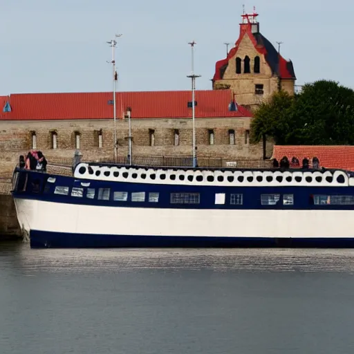 Image similar to a blue white black ferry at the sea outside kronborg castle