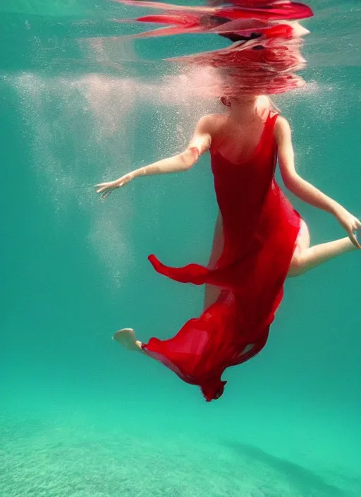 Prompt: girl in a long dress swimming underwater, caustics, surreal underwater photography