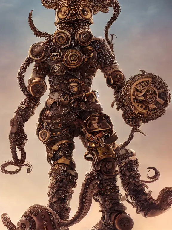 Prompt: full body portrait of single warrior with steampunk octopus armour, character design, digital painting, 4 k hd, octane render, intricate and highly detailed, coloured with lots of colour, cinematic,