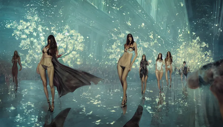 Image similar to victoria secret runway show, light, shadows, reflections, flowers, epic composition, intricate, elegant, volumetric lighting, digital painting, highly detailed, artstation, sharp focus, illustration, concept art, ruan jia, steve mccurry, artgerm and mina petrovic and timothy kong and marina federovna