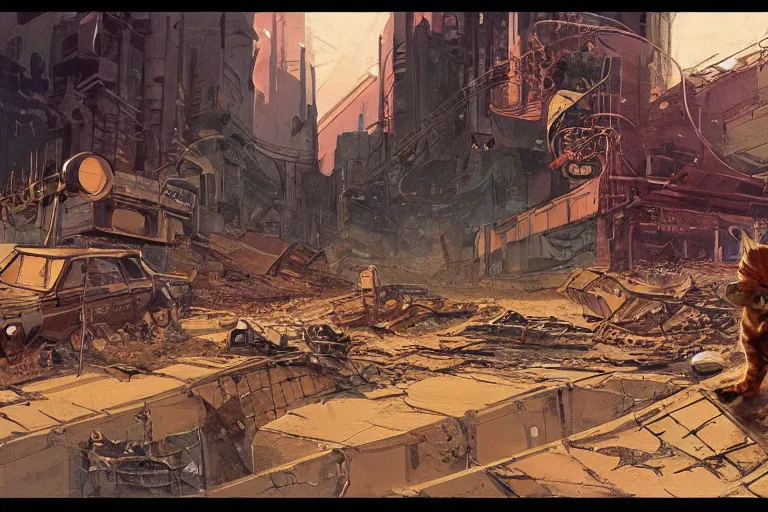 Image similar to garfield wanders a post - apocalyptic wasteland, concept art by syd mead, very detailed, award - winning, fantastic, science fiction art,