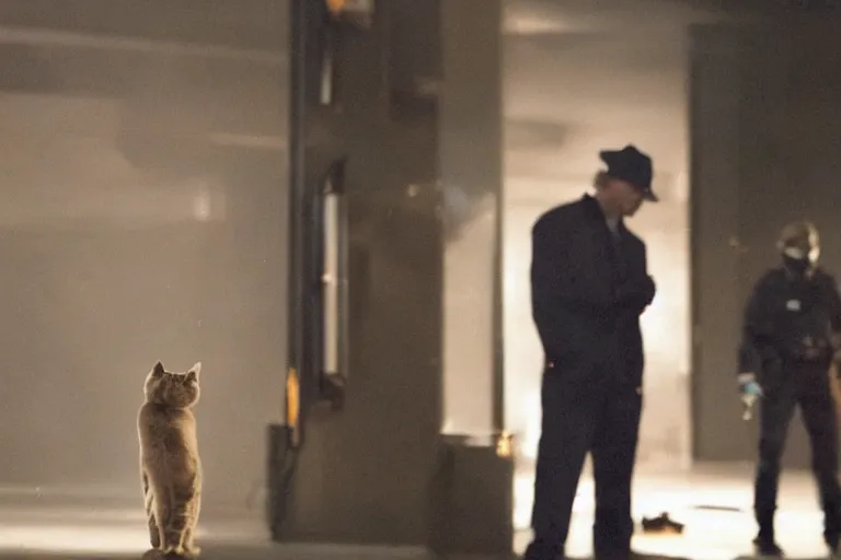 Image similar to film still of a genetically modified anthropomorphic humanoid cat detective at a crime scene. directed by david fincher.