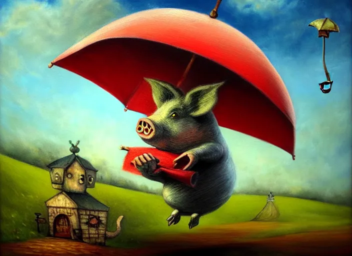 Prompt: detailed oil painting of flying pig with umbrella by marc simonette and alexander jansson, concept art