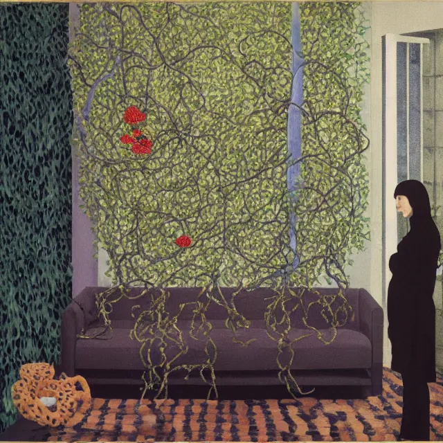 Image similar to a pathology student in her apartment, wrapped in vines, stepping stones, octopus, berries, black walls, ikebana, black armchair, sculpture, moss, acrylic on canvas, surrealist, by magritte and monet