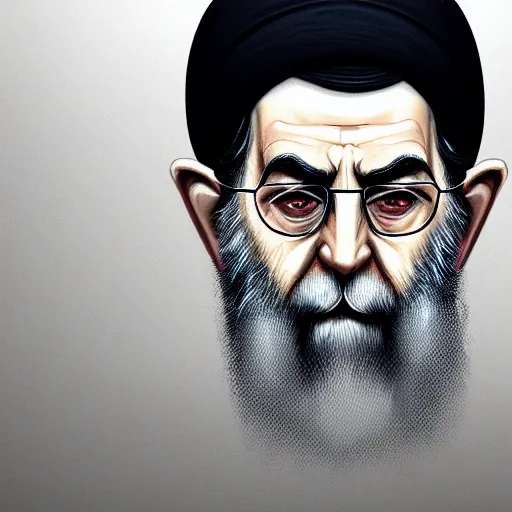 Image similar to potrait of khamenei looking like demon, miserable, horror, dark high detail, sharp high detail, artstation