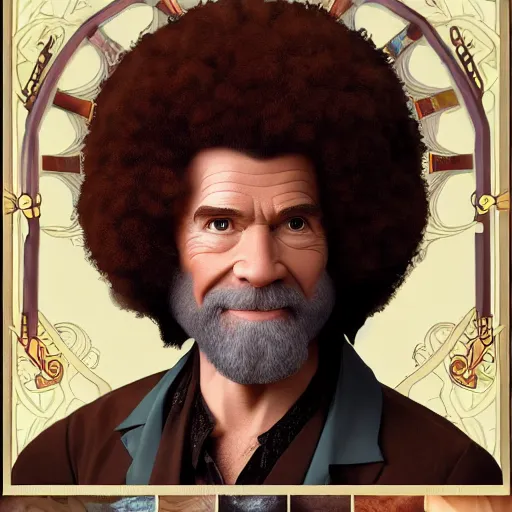 Image similar to an ultra detailed vector image of bob ross dressed as a fantasy bard, d & d, epic fantasy, concept art by alphonse mucha and greg rutkowski, octane render, 8 k, detailed face