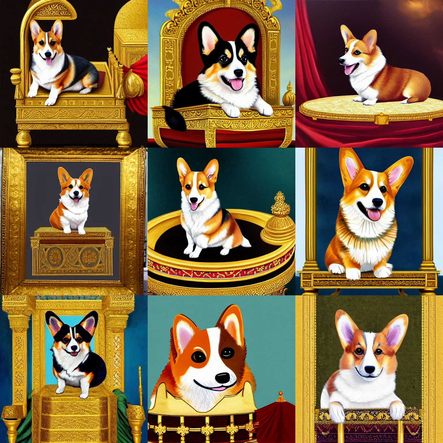 Prompt: Painting of a cute corgi as ruler of the old Persian empire sitting on a golden trone, photorealistic, high detail