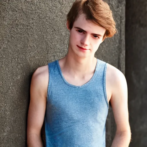 Image similar to Portrait of a 21 yo boy with natural brown hair, smooth pale skin. Net fischer net tank top. Detailed face. Full body shot. Photo. Blue sky.