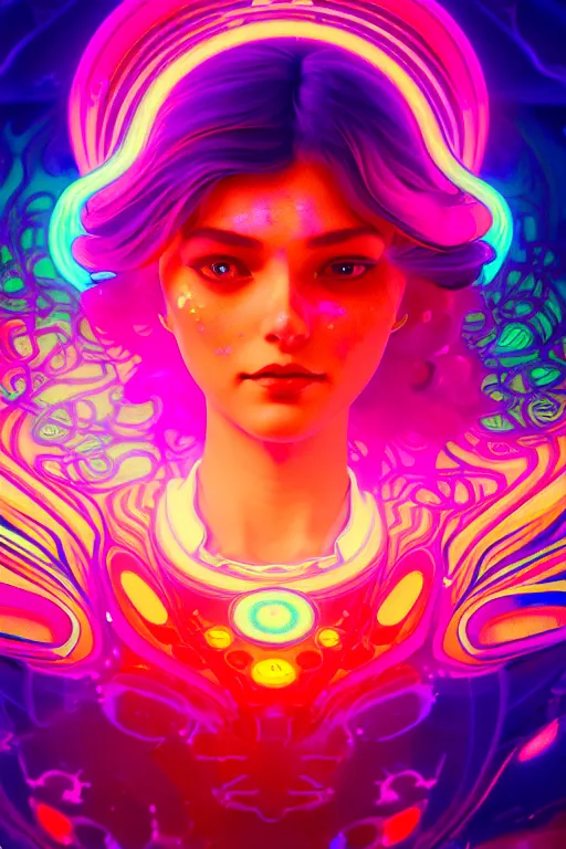 Image similar to a gorgeous woman surrounded by colorful liquid clouds and neon smoke, extremely detailed, super psychedelic experience, psilocybin, dmt, lsd, face, highly detailed, artstation, alphonse mucha, hana yata, and artem demura and beeple, octane render, unreal engine, 8 k