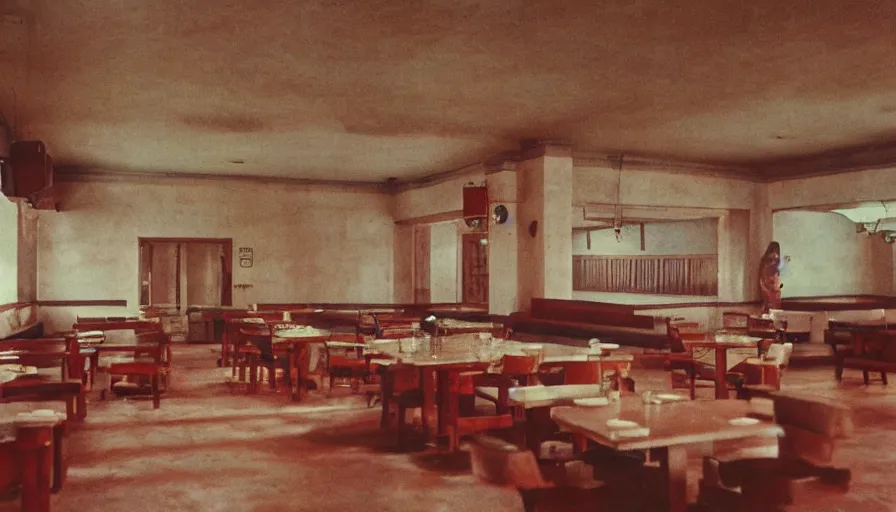 Image similar to 70s movie still of empty north-korean restaurant palace with propaganda fresco stalinist style, eastmancolor, heavy grain, high quality, higly detailed