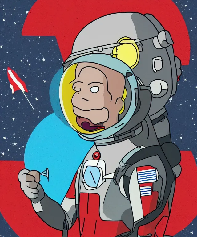 Prompt: portrait of yuri gagarin from rick and morty, spacesuit with helmet, flag of ussr, vostok rocket, earth on the background, 2 d cartoon