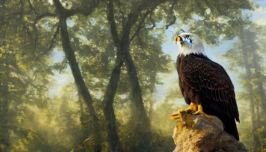 Prompt: A beautiful detailed painting of an eagle with a lion body in a magical forest, ray traced sun light, by john sargent and Kalin Popov , Trending on artstation HD.