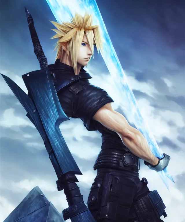 Image similar to cloud strife, crisp 8 k line art, digital painting, artstation, unreal engine, octane render, emissive lighting, concept art, matte, sharp focus, hyper realistic lighting, illustration, art by ross tran and james jean and philippe druillet