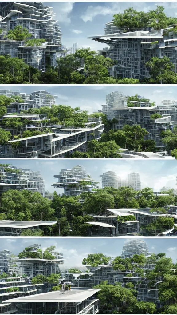 Image similar to 5 - panel comic page layout. crowd talking about sustainable futuristic building in a urban setting. ultrarealistic matte painting on white page. the building has many deep and tall balconies covered in plants and trees. thin random columns, large windows, deep overhangs. plants hang from balconies. greeble articulated details with plants. 8 k, uhd.