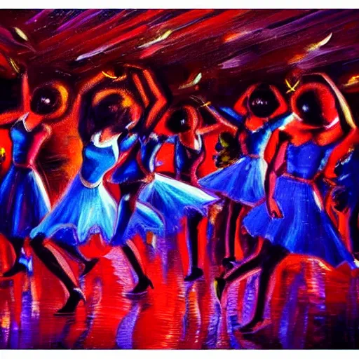 Image similar to dark dancing silhuettes in a dance club, colorful lights, dramatic lighting, a lot of energy, oil painting