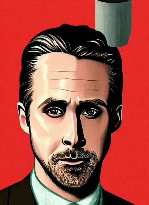 Image similar to twin peaks movie poster art, portrait of ryan gosling, from scene from twin peaks, clean, simple illustration, nostalgic, domestic, highly detailed, digital painting, artstation, concept art, smooth, sharp focus, illustration, artgerm, donato giancola, joseph christian leyendecker, wlop