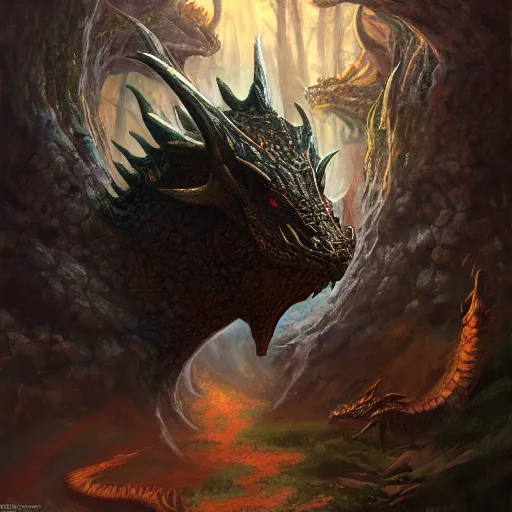 Image similar to oil painting of dragon forest, dnd character, fantasy, realistic textured skin, balrog head, glowing eyes, sharp focus, artgem, boris valejo, frank frazetta, heavy metal style, trending on artstation, digital painting, julie bell, beautiful, very detailed,