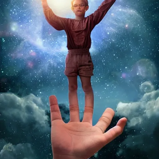 Prompt: the boy who holds the universe in his hands, sci fi art