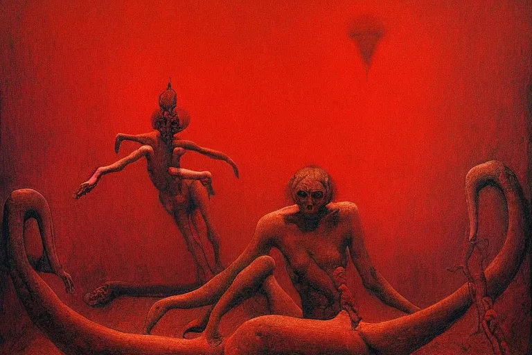 Image similar to only with red, red flowers of different types, a red tiger, a castle in the background, medieval demons dance over the flowers, an ancient path, in the style of beksinski, part by hopper, part by rodcenko, part by hofbauer, intricate composition, red by caravaggio, insanely quality, highly detailed, masterpiece, red light, artstation