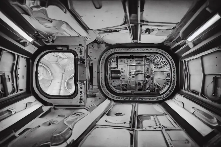 Prompt: small spaced quarters inside rocket ship with gray metallic factory engine walls and small window looking into space, details, sharp focus, intricate, high definition, movie set, retro style, 1970s, 1980s, sci-fi, digital Art, 3D, realistic photograph, lucasfilm, space odyessy