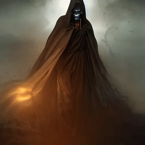 Image similar to menacing grim reaper portrait, showing a sand clock running out of time, mysterious atmospheric lighting, painted, intricate, volumetric lighting, beautiful, rich deep colours masterpiece, golden hour, sharp focus, ultra detailed, by leesha hannigan, ross tran, thierry doizon, kai carpenter, ignacio fernandez rios