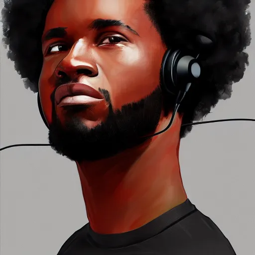 Image similar to portrait of a black man with afro wearing headphones, looking cool, digital painting, artstation