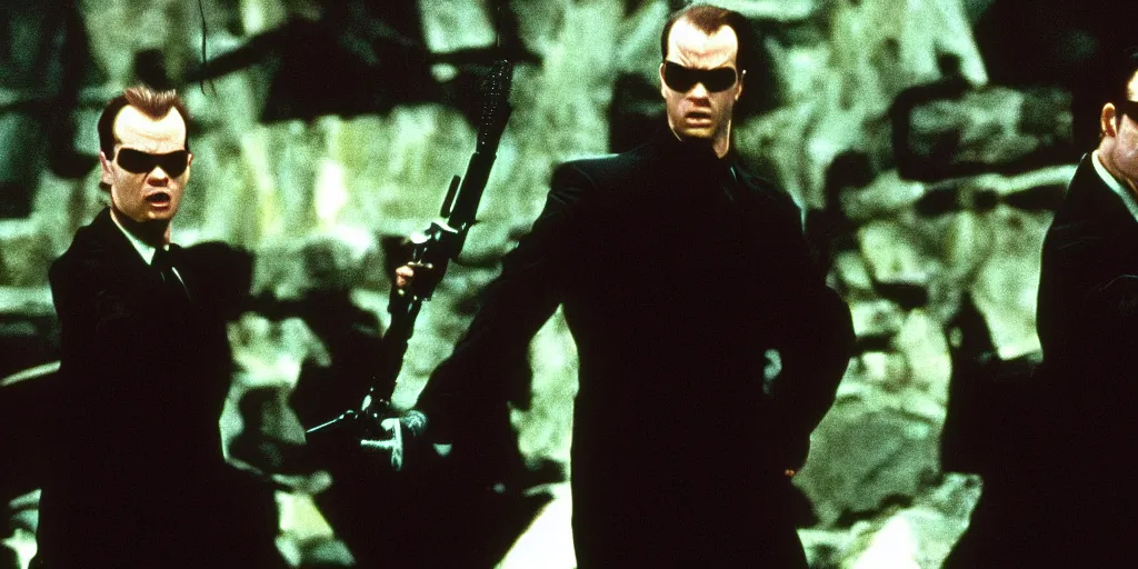 Prompt: Jack Nicholson as Agent Smith on the matrix, 1999, battle scene with neo, cinematic composition, cinemascope,
