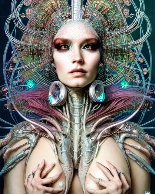 Image similar to hyperrealistic detailed portrait of a beautiful goddess in a cyber headdress, intricate cyberpunk make - up, art by android jones, ernst haeckel, nekro borja, alphonso mucha, h. r. giger, ornamental gothic - cyberpunk,