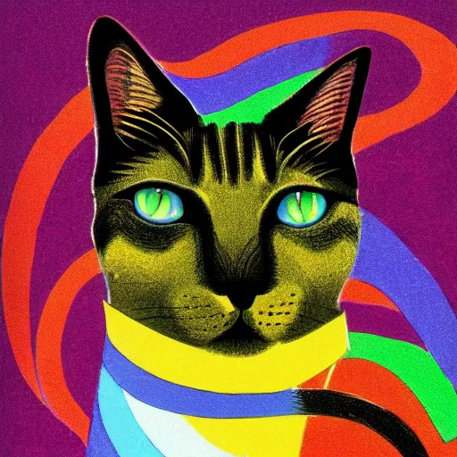 Image similar to 6 0 s hippie poster illustration of a cat made of flowing rainbows by pascal blanche and bonnie mclean and wes wilson, 8 k, artstation