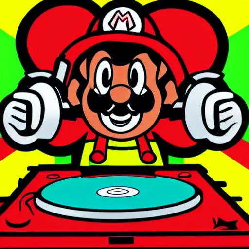 Image similar to svg sticker of a Pop-Wonder SuperMario, Mario-Wearing-a-red-hat, at a rave, spinning records, giant headphones rocking out, wearing headphones, huge speakers, dancing, rave, DJ, spinning records, digital art, amazing composition, rule-of-thirds, award-winning, trending on artstation, featured on deviantart