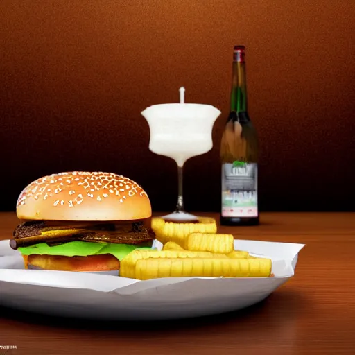 Prompt: portrait of a super tall michelin - star perfect greasy burger on an amazingly decorated table, professional food photography, captivating, rule of thirds, majestic, octane render, 1 0 mm lens