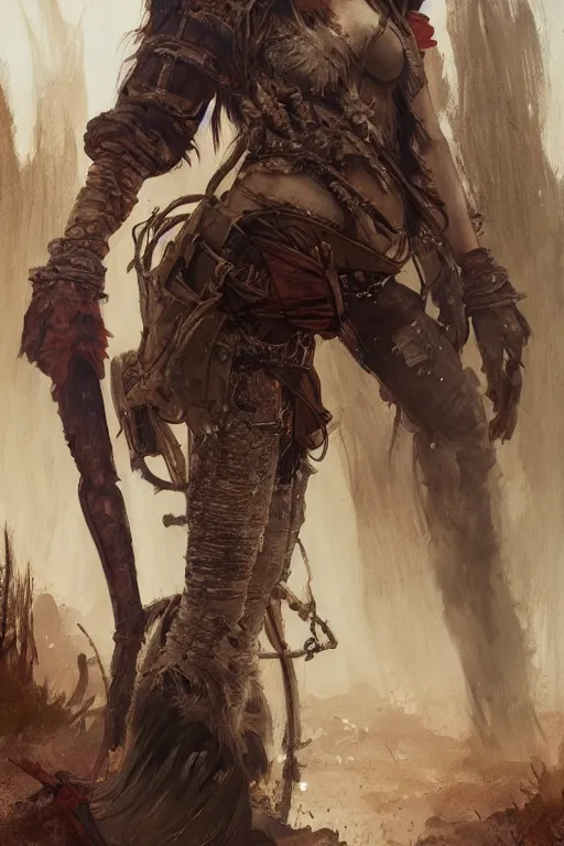 Image similar to a full body portrait of a beautiful post apocalyptic offworld huntsman ’ s quarter bedouin blind pulp fiction scarlet wild rogue barbarian leper begging by the roadside, intricate, elegant, highly detailed, digital painting, artstation, concept art, smooth, sharp focus, illustration, art by krenz cushart and artem demura and alphonse mucha